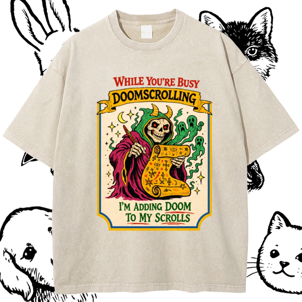 Adding Doom To My Scrolls Cotton Vintage Wash Classic Graphic Tee