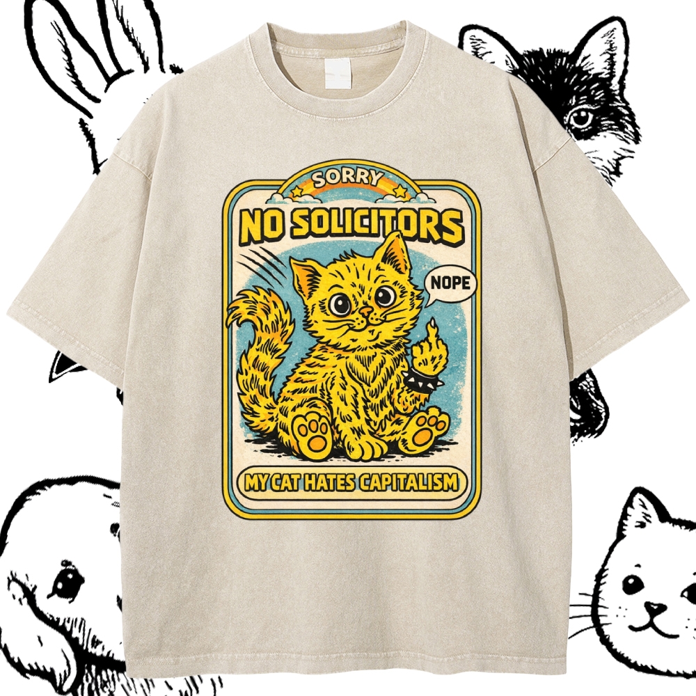 My Cat Hates Capitalism Cotton Vintage Wash Classic Graphic Tee