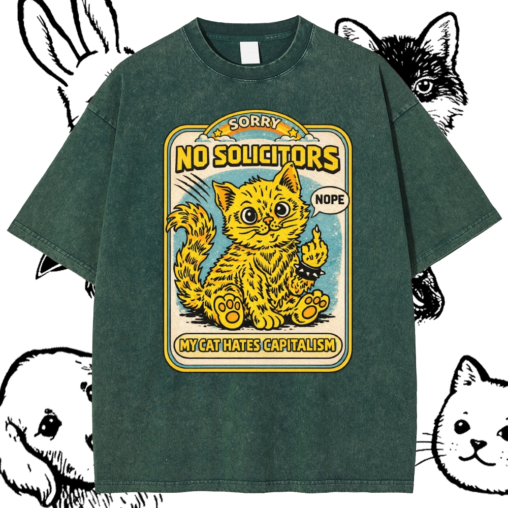 My Cat Hates Capitalism Cotton Vintage Wash Classic Graphic Tee