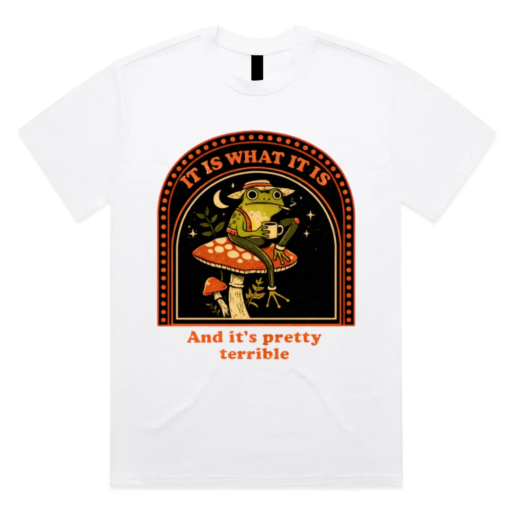 Resigned Frog On Mushroom Cotton Classic Fit Retro Dark Humor Graphic Tee
