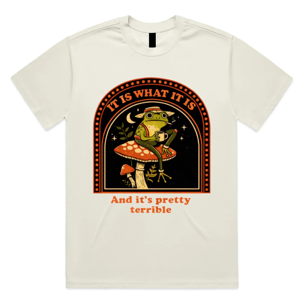 Resigned Frog On Mushroom Cotton Classic Fit Retro Dark Humor Graphic Tee