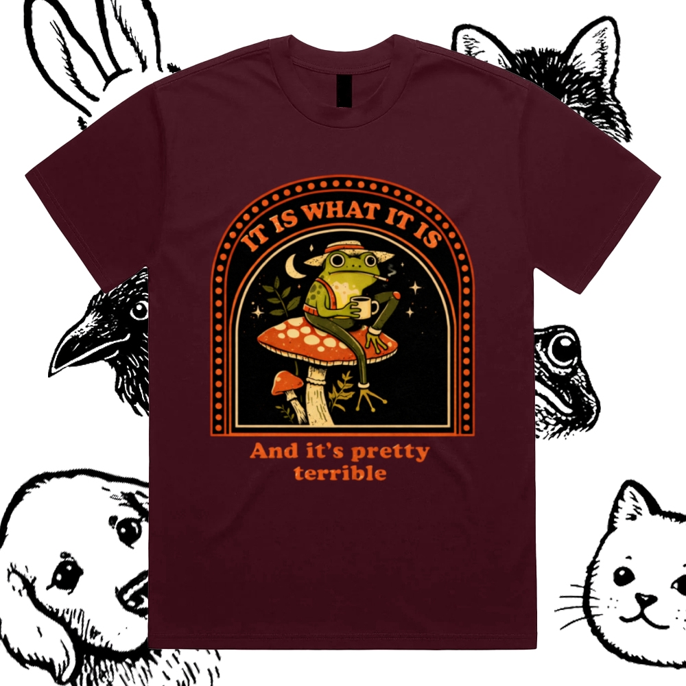 Resigned Frog On Mushroom Cotton Classic Fit Retro Dark Humor Graphic Tee