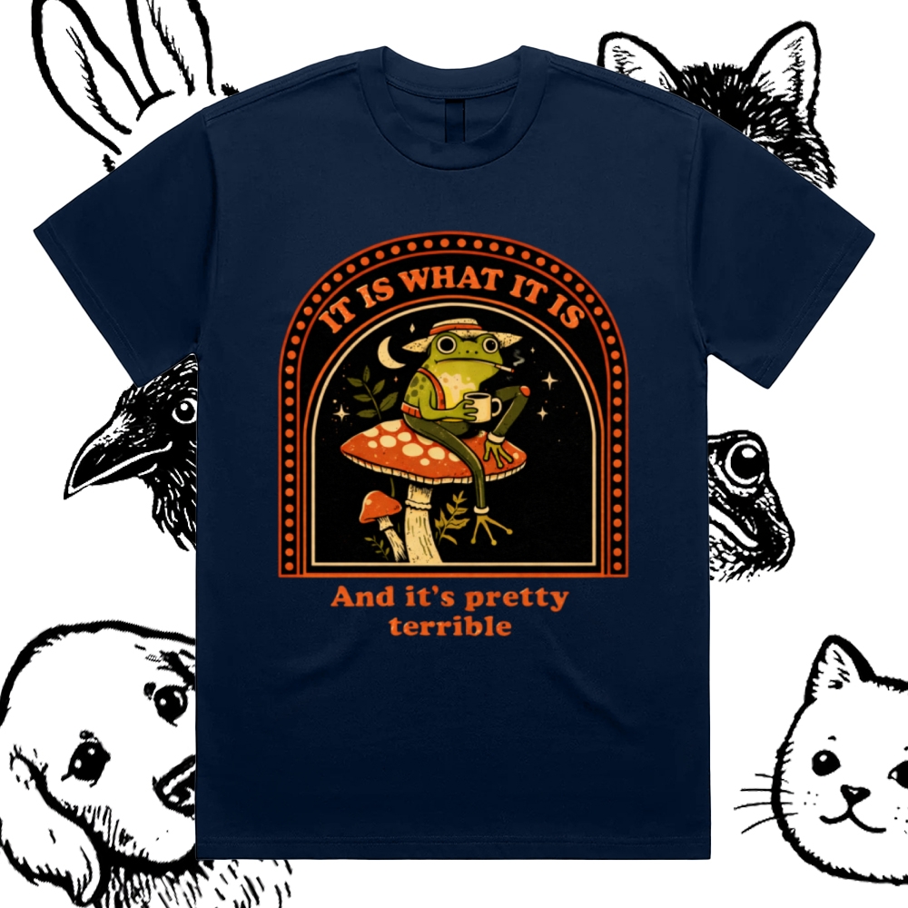 Resigned Frog On Mushroom Cotton Classic Fit Retro Dark Humor Graphic Tee