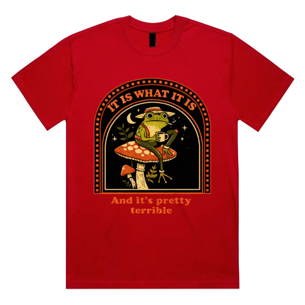Resigned Frog On Mushroom Cotton Classic Fit Retro Dark Humor Graphic Tee