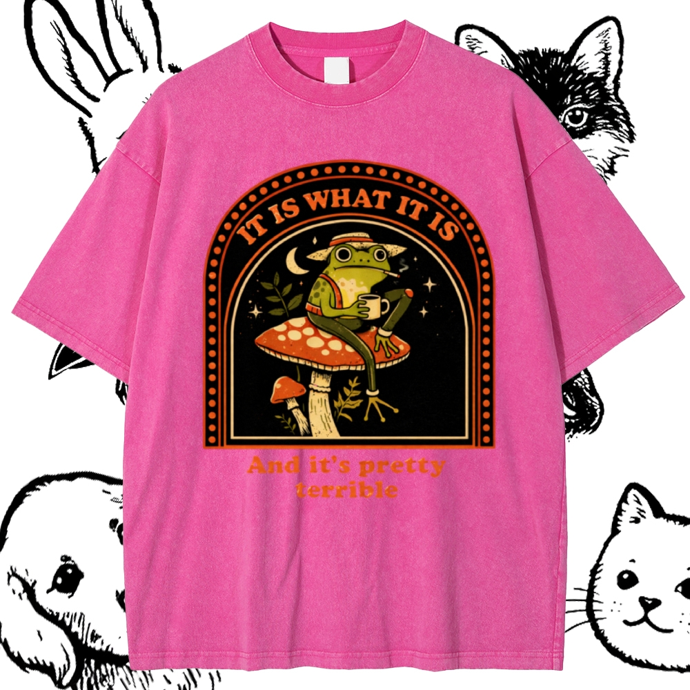 Resigned Frog On Mushroom Cotton Vintage Wash Classic Graphic Tee