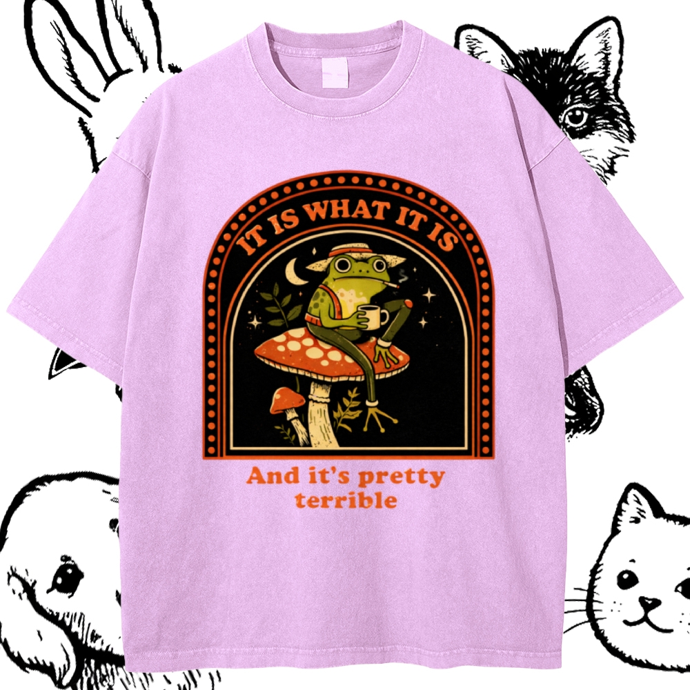 Resigned Frog On Mushroom Cotton Vintage Wash Classic Graphic Tee