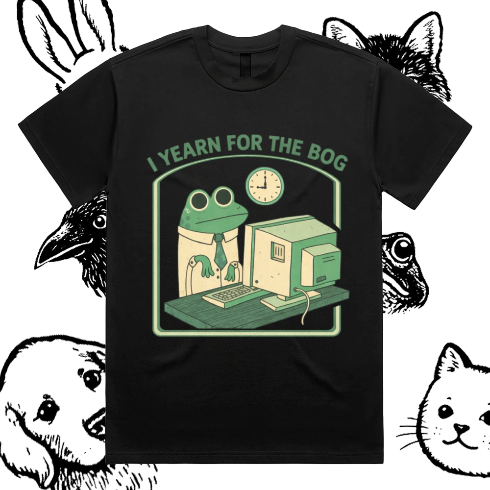 Bog Yearning Office Frog Cotton Classic Fit Retro Dark Humor Graphic Tee