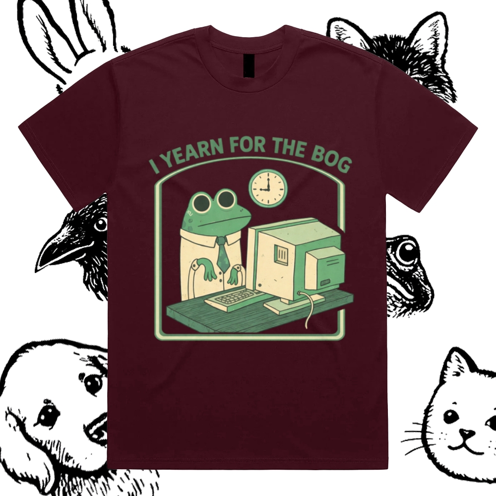 Bog Yearning Office Frog Cotton Classic Fit Retro Dark Humor Graphic Tee