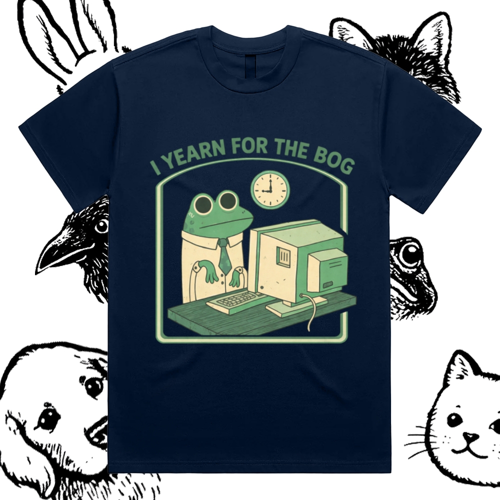 Bog Yearning Office Frog Cotton Classic Fit Retro Dark Humor Graphic Tee