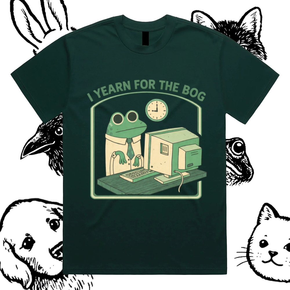 Bog Yearning Office Frog Cotton Classic Fit Retro Dark Humor Graphic Tee