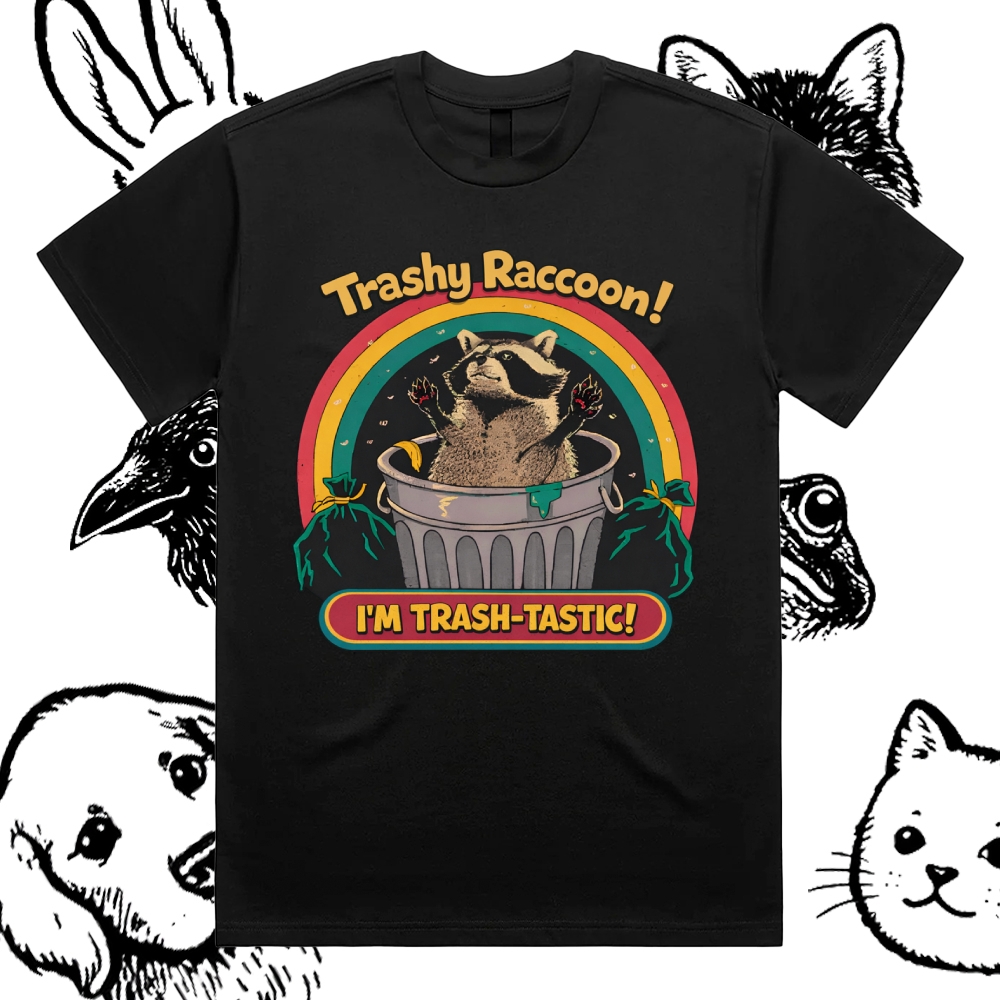 Trash-Tastic Rainbow Raccoon Cotton Classic Fit Retro Dark Humor Graphic Tee