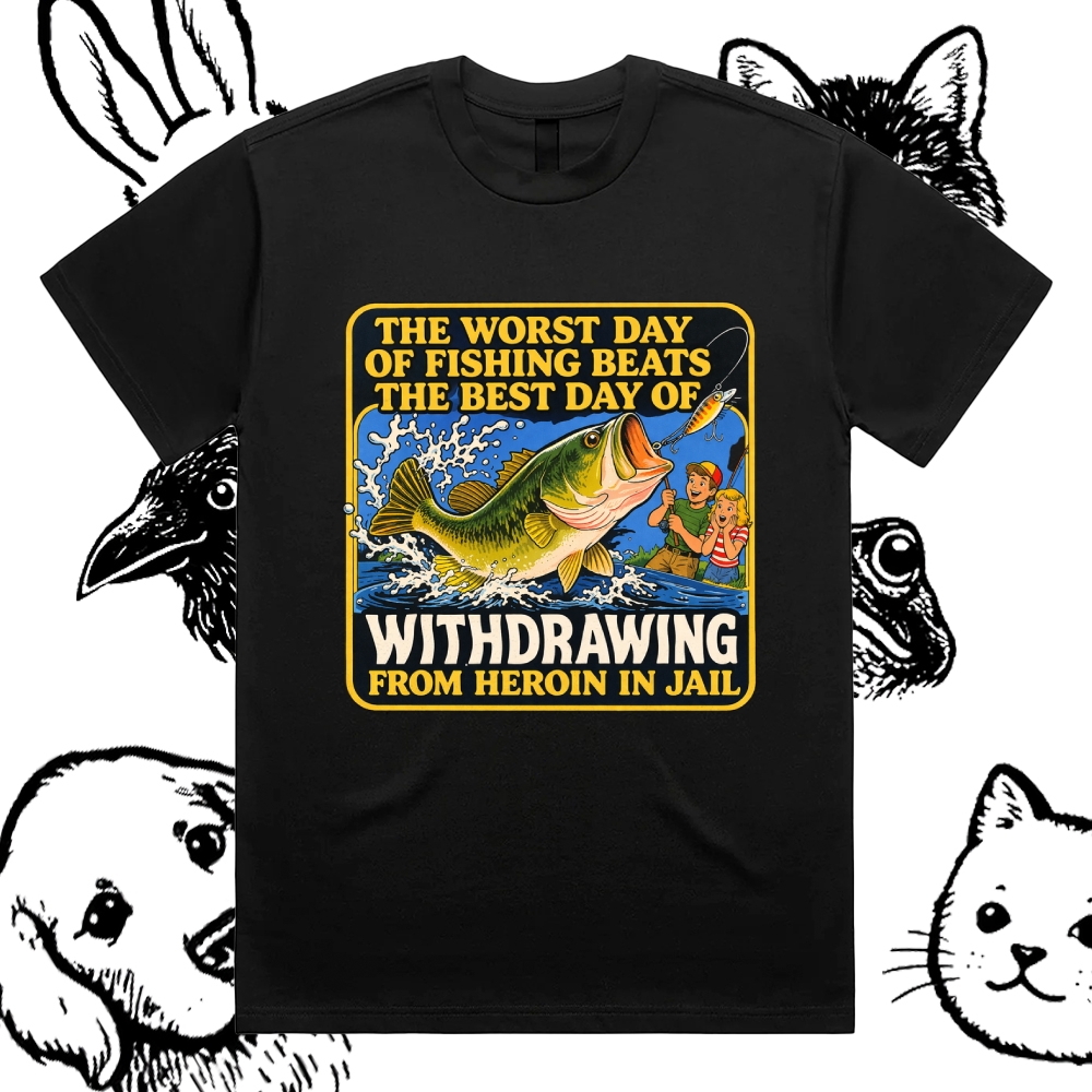 Dark Humor Fishing Parody Cotton Classic Fit Retro Dark Humor Graphic Tee