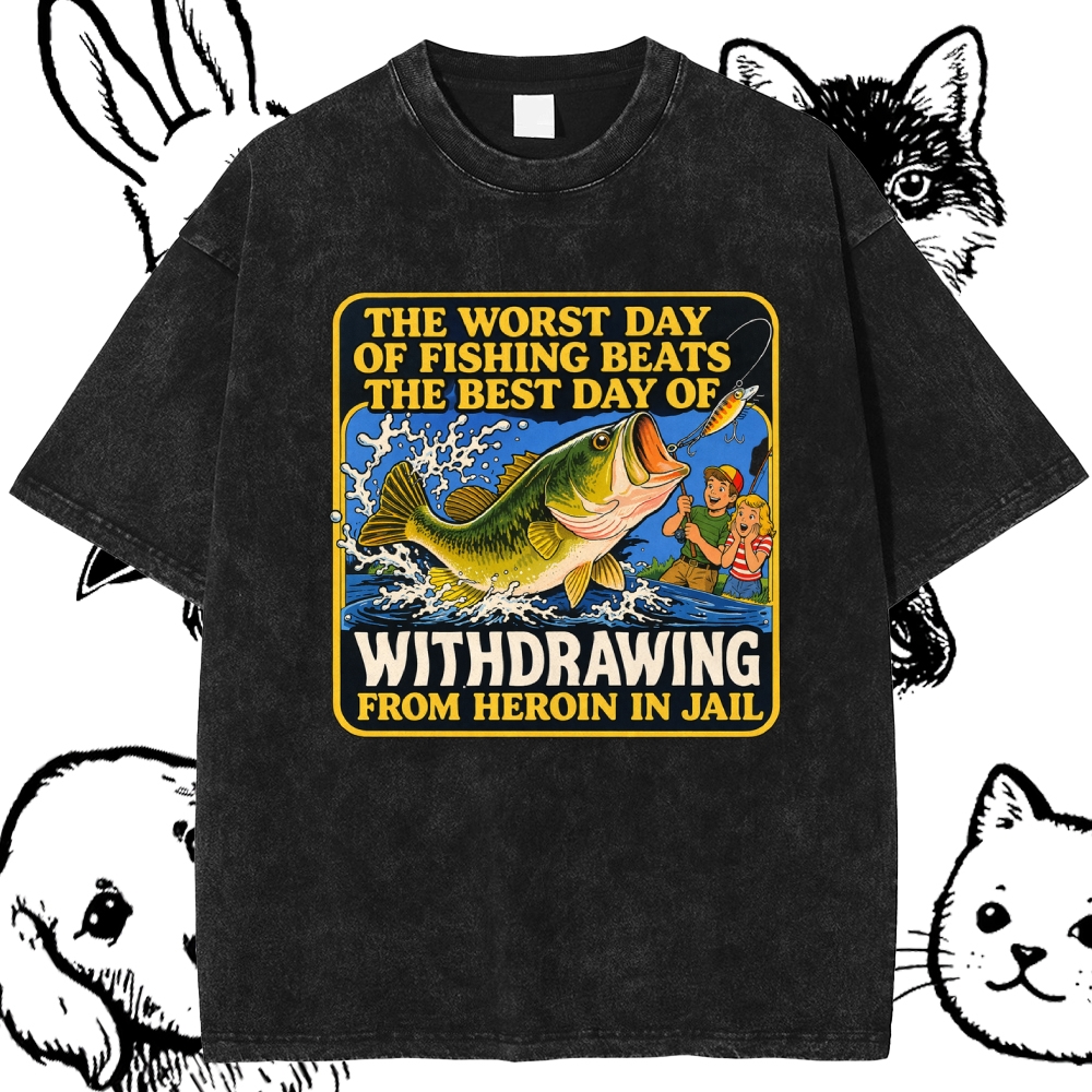 Dark Humor Fishing Parody Cotton Vintage Wash Classic Graphic Tee