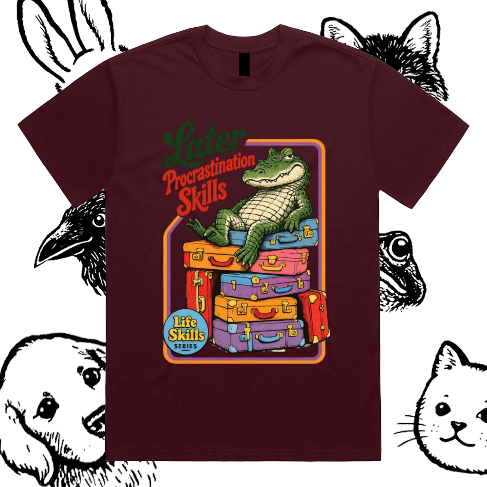 Later Procrastination Skill Alligator Cotton Classic Fit Retro Dark Humor Graphic Tee