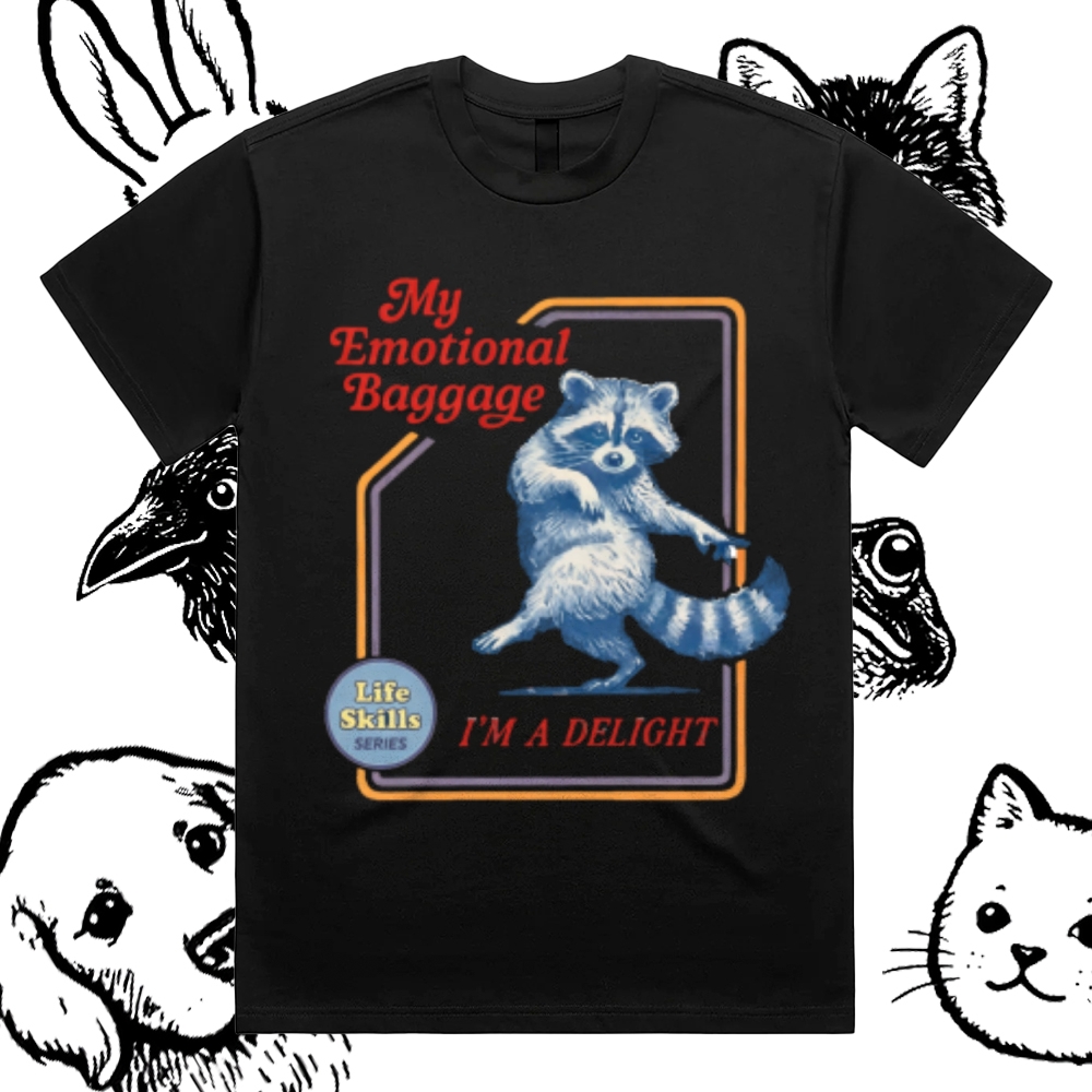 Emotional Baggage Delight Raccoon Cotton Classic Fit Retro Dark Humor Graphic Tee