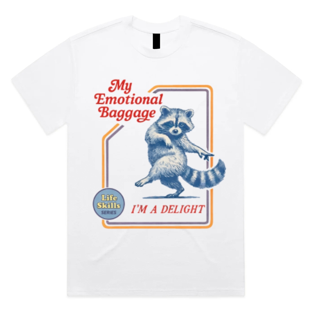 Emotional Baggage Delight Raccoon Cotton Classic Fit Retro Dark Humor Graphic Tee