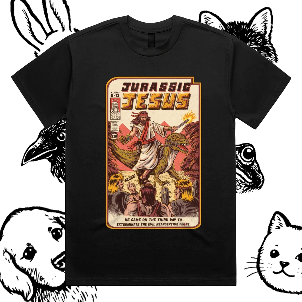 The Savior Of Prehistoric Chaos Cotton Classic Fit Retro Dark Humor Graphic Tee