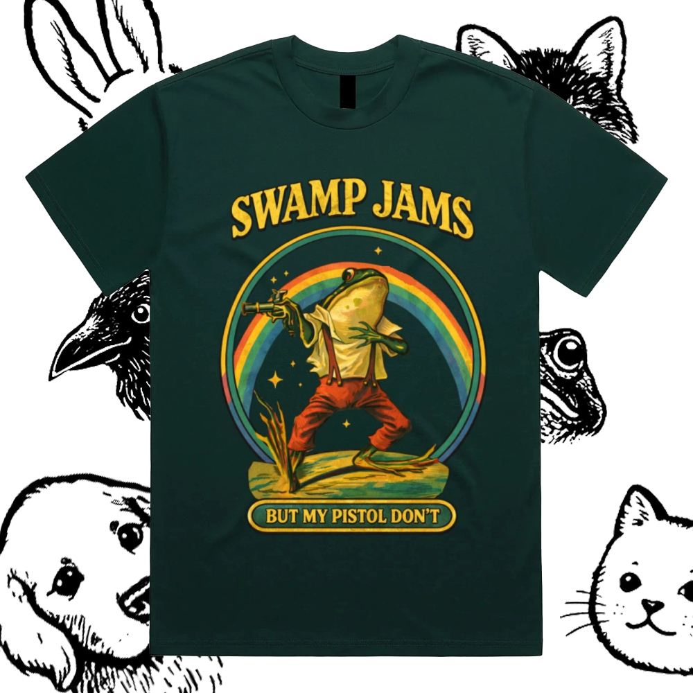 Swamp Outlaw Frog Cotton Classic Fit Retro Dark Humor Graphic Tee
