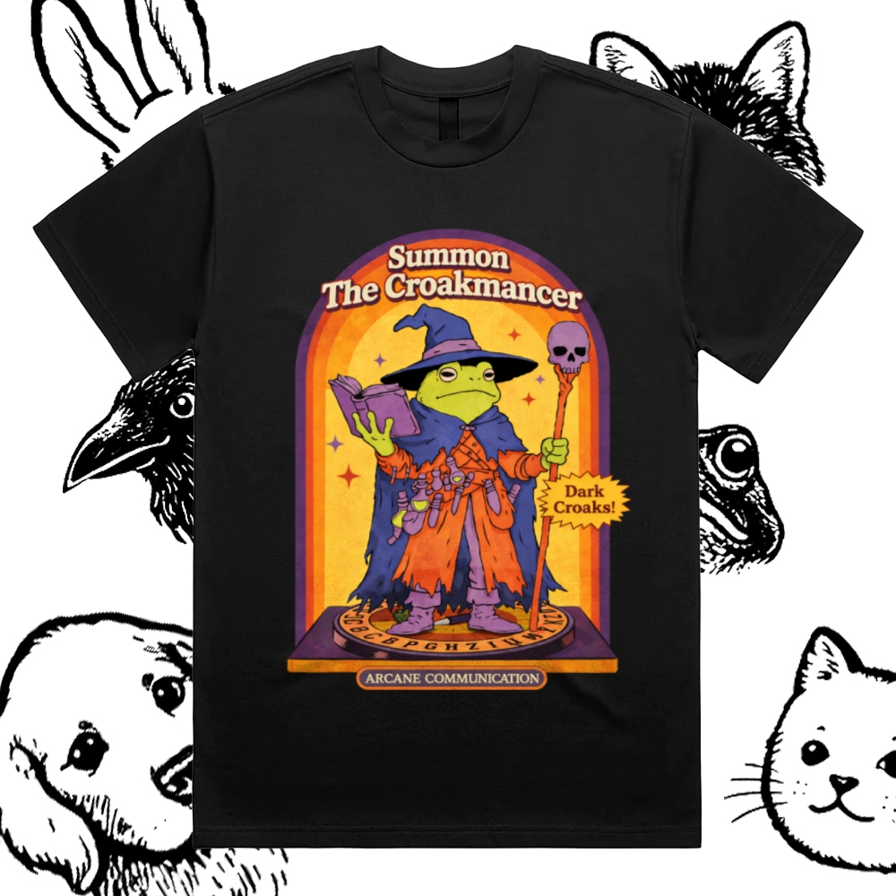 Summon The Croakmancer Cotton Classic Fit Retro Dark Humor Graphic Tee