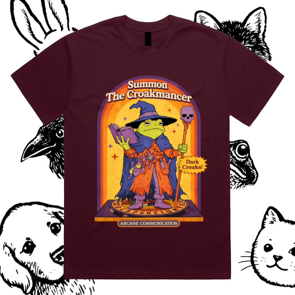 Summon The Croakmancer Cotton Classic Fit Retro Dark Humor Graphic Tee