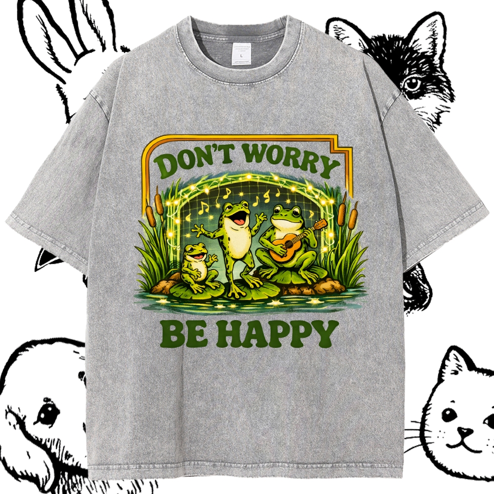 Don't Worry Be Happy Frogs Cotton Vintage Wash Classic Graphic Tee