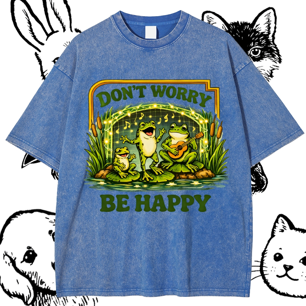 Don't Worry Be Happy Frogs Cotton Vintage Wash Classic Graphic Tee