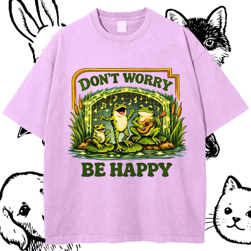 Don't Worry Be Happy Frogs Cotton Vintage Wash Classic Graphic Tee