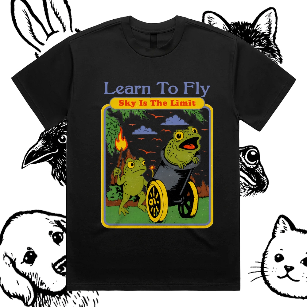 Skyward Frogs Cannon Cotton Classic Fit Retro Dark Humor Graphic Tee