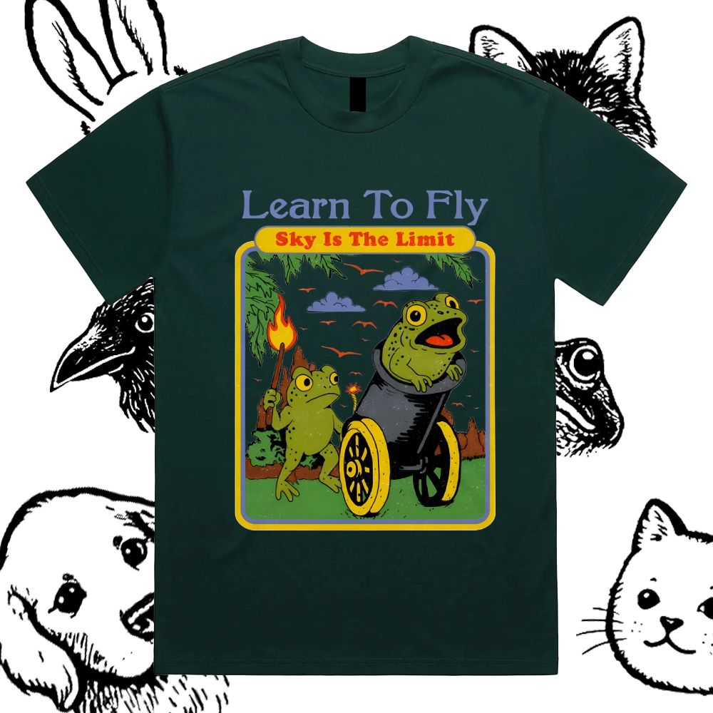 Skyward Frogs Cannon Cotton Classic Fit Retro Dark Humor Graphic Tee