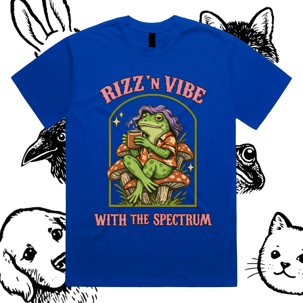 Rizz 'N Vibe Neurodiverse Frog Cotton Classic Fit Retro Dark Humor Graphic Tee