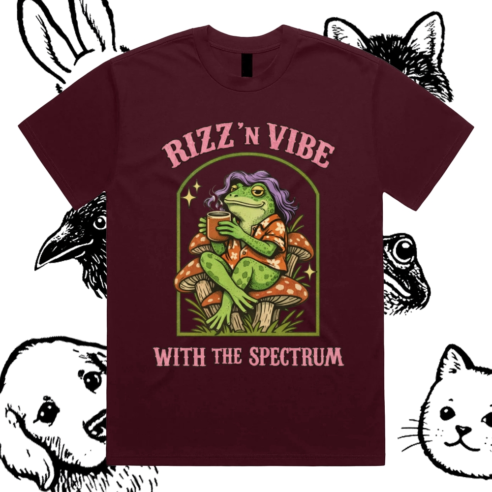 Rizz 'N Vibe Neurodiverse Frog Cotton Classic Fit Retro Dark Humor Graphic Tee