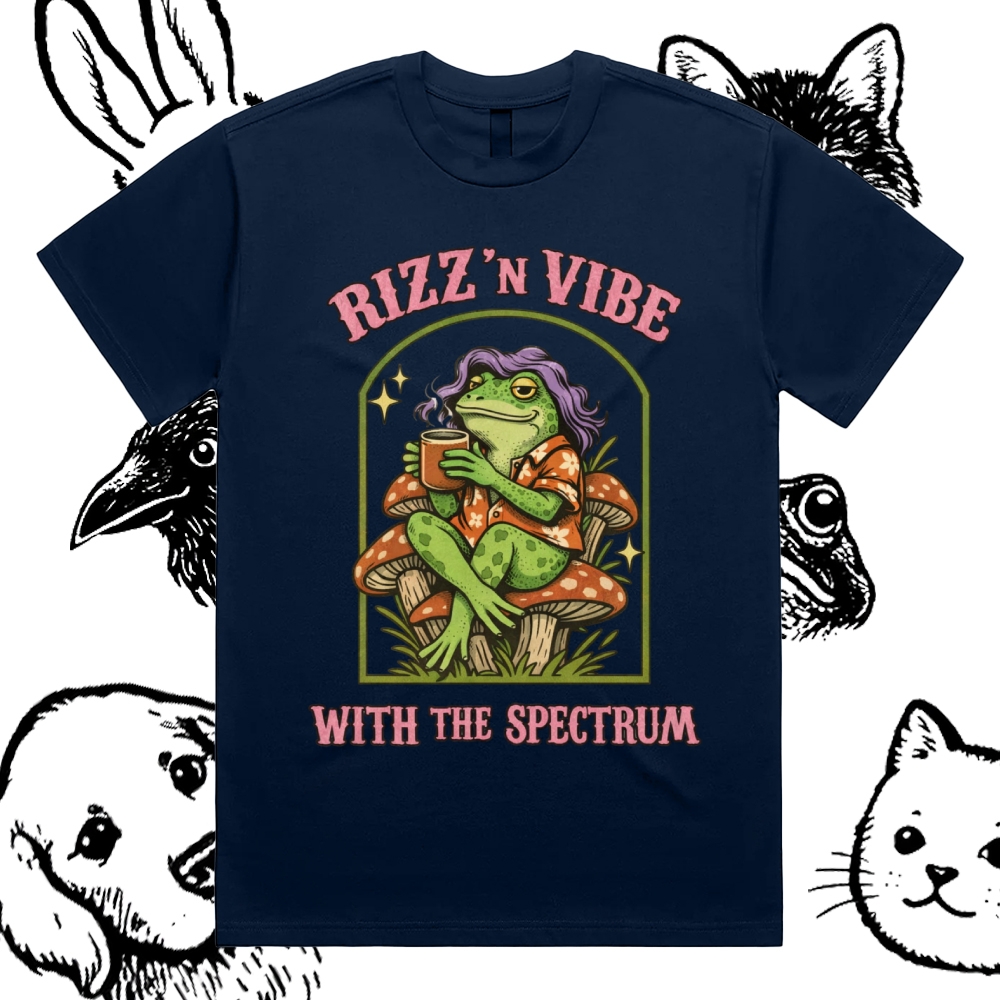 Rizz 'N Vibe Neurodiverse Frog Cotton Classic Fit Retro Dark Humor Graphic Tee