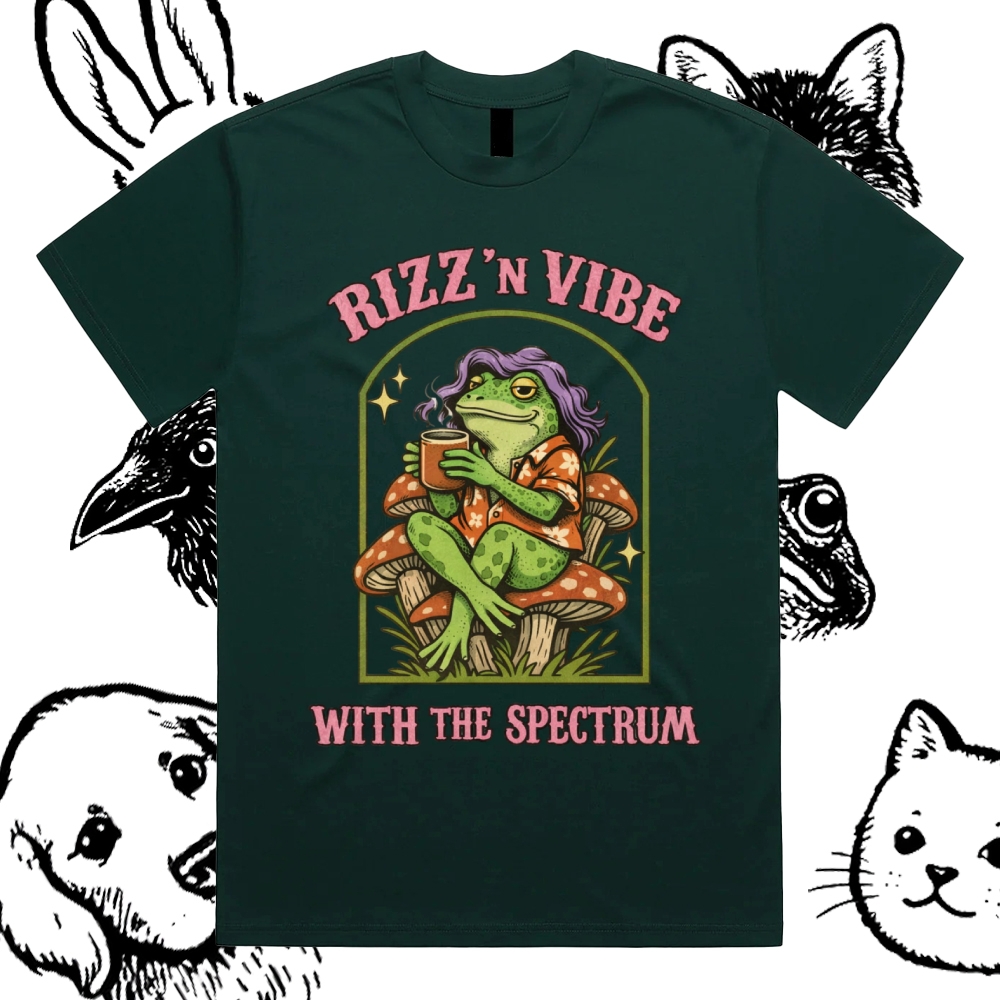 Rizz 'N Vibe Neurodiverse Frog Cotton Classic Fit Retro Dark Humor Graphic Tee