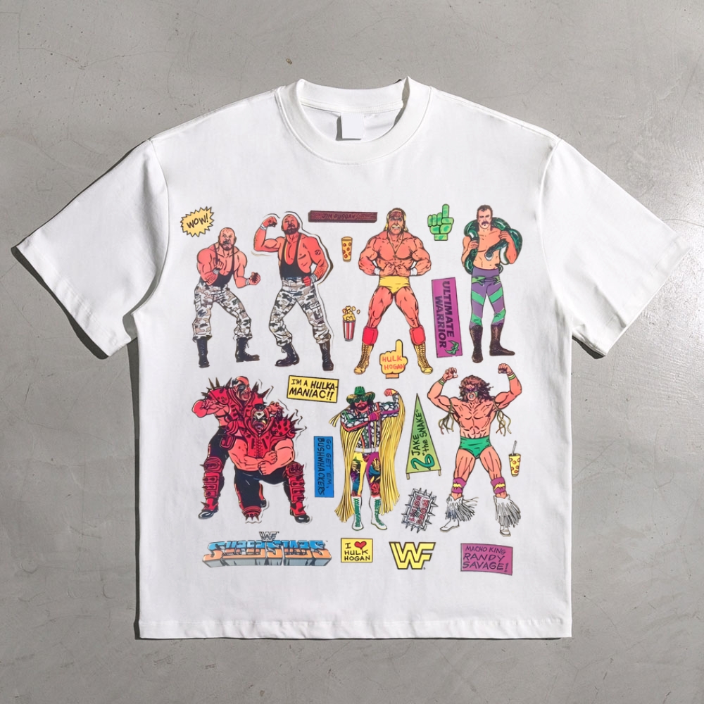Vintage 1980s World Wrestling Federation characters  art All-over print pure cotton t-shirt
