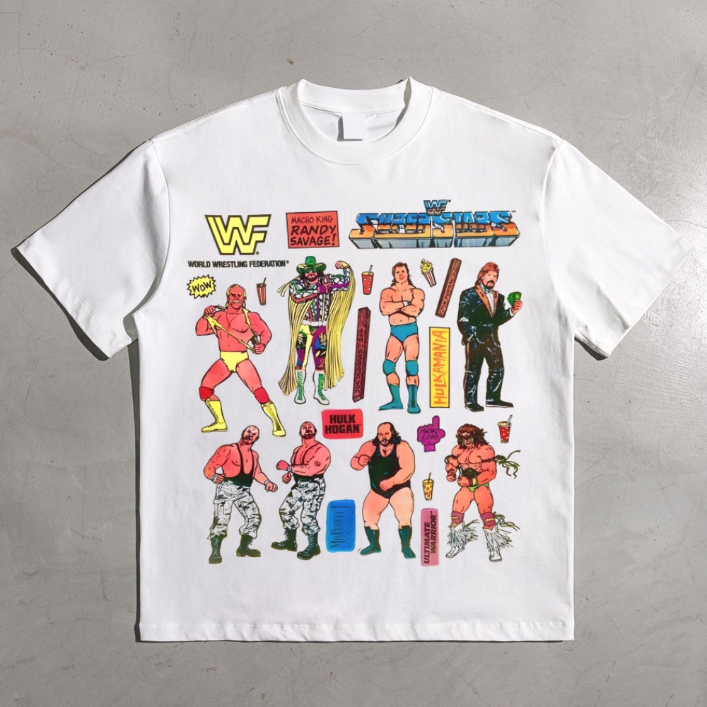 Vintage Wrestling 1990s WWF superstars art All-over print pure cotton t-shirt