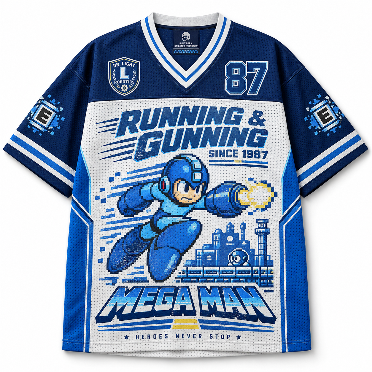 Mega Man Running & Gunning Since 1987 Retro Pixel  Jersey Shirts