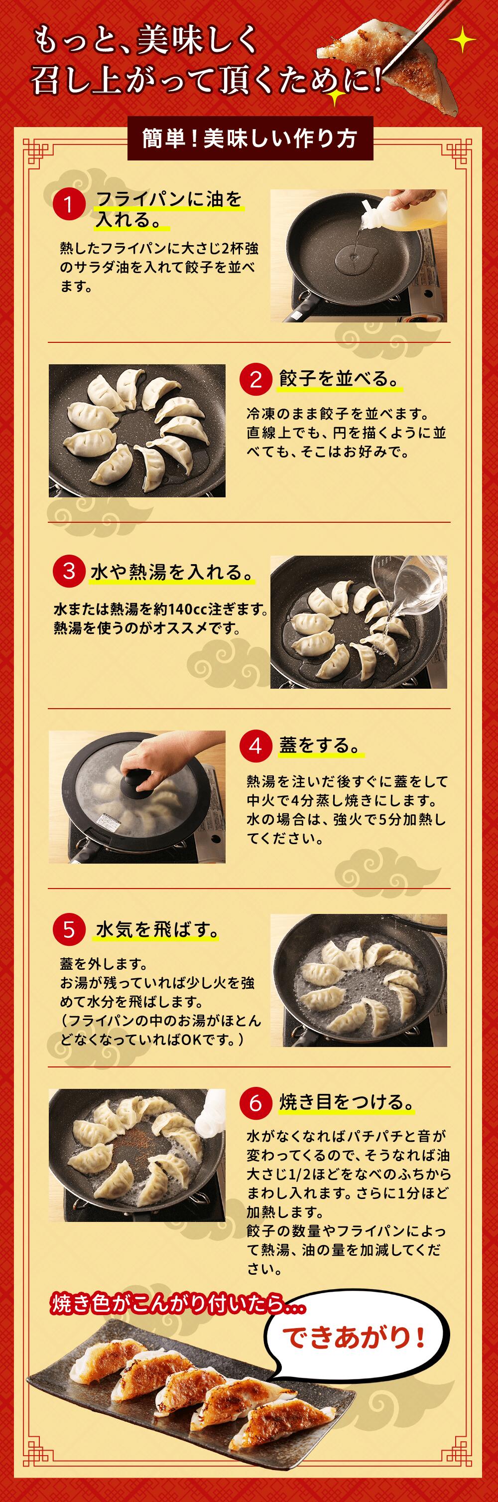 カンタン 美味い餃子の焼き方 1.フライパンに油を入れる 熱したフライパンに、大さじ２杯強のサラダ油を入れ餃子を並べます。直線上でも、円を描くように放射線状に並べても、そこはお好みで。※冷凍の状態で並べてください。 2.お水を加える 熱湯（またはお水）を約120～140cc注ぎます。熱湯を使うのがオススメです。 3.蓋をする 熱湯を注ぎ、すぐふたをして中火で約4分蒸し焼きにします。お水の場合は、強火で約5分加熱して下さい。 4.水気を飛ばす 蓋を外します。お湯が残っていれば少し火を強めて水分を飛ばします。（フライパンの中のお湯がほとんどなくなっていればOKです。） 5.焼き目をつける 水がなくなればパチパチと音が変わってくるので、そうなれば油大さじ1/2ほど淵からまわし入れます。さらに1分ほど加熱します。餃子の数量やフライパンによって熱湯、油の量を加減して下さい。 6.出来上がり 焼き色がこんがりついていれば、ヘラで取り出し、お皿に盛り付けます。餃子を合わせるだけ。焼き立てをいただきましょう! 商品到着後は、冷凍庫にて保存して下さい。