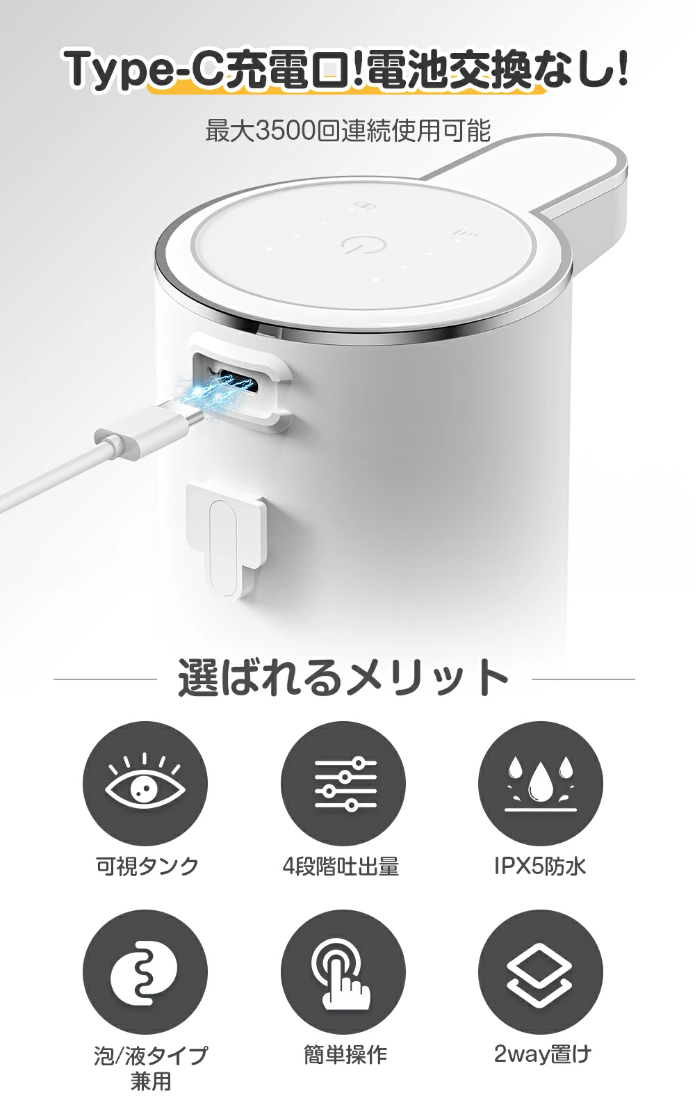 【2年保証！楽天常連1位＆SNS大人気！】ソープディスペンサー 自動 泡 食器用洗剤対応 壁掛け可 ディスペンサー 4段階吐出量 IPX5防水 ハンドソープディスペンサー オート 詰め替え 380ml キッチン 洗面所 お手洗い等適用 Type-c充電