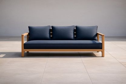 Canapé 3 places en bois de teck et tissu bleu