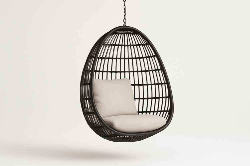 Chaise à bascule suspendue en rotin synthétique noir avec coussin beige