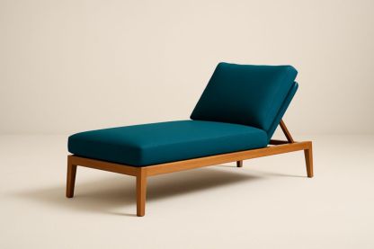Chaise longue d'extérieur en bois d'acacia avec tissu polyester bleu