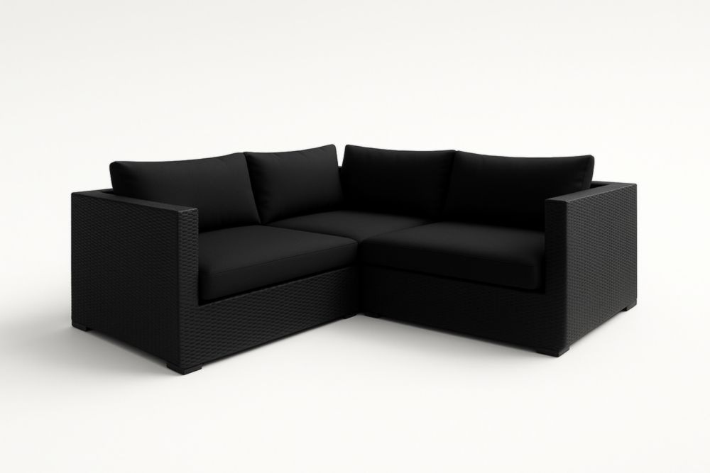 Canapé d'angle en résine tressée noire avec coussins polyester