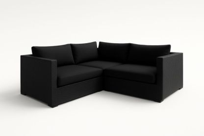 Canapé d'angle en résine tressée noire avec coussins polyester