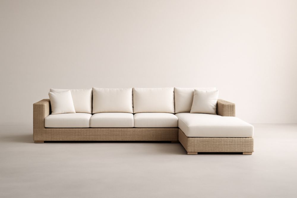 Canapé d'angle en rotin synthétique avec coussins en tissu