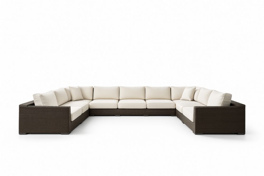 Canapé d'angle modulaire en osier avec coussins crème