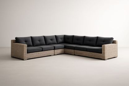 Canapé d'angle en résine tressée avec coussins en polyester noir