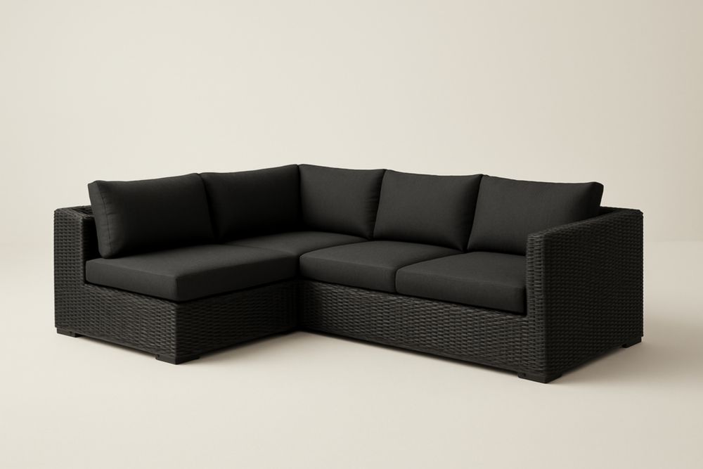 Canapé d'angle en résine tressée noire et coussins en polyester noir 210x140x70 cm