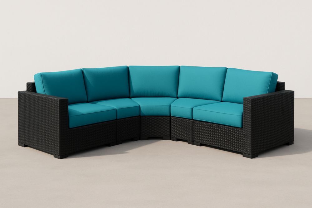 Sofa d'angle extérieur modulable 5 pièces rotin polyéthylène coussins polyester