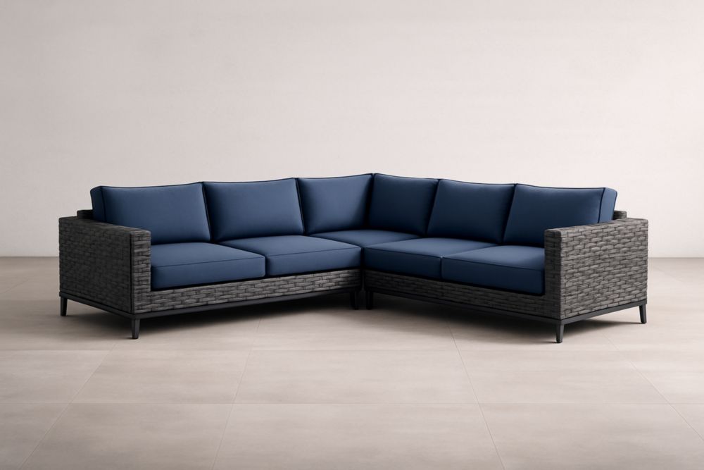 Canapé d'angle extérieur modulable en résine tressée avec coussins en tissu bleu