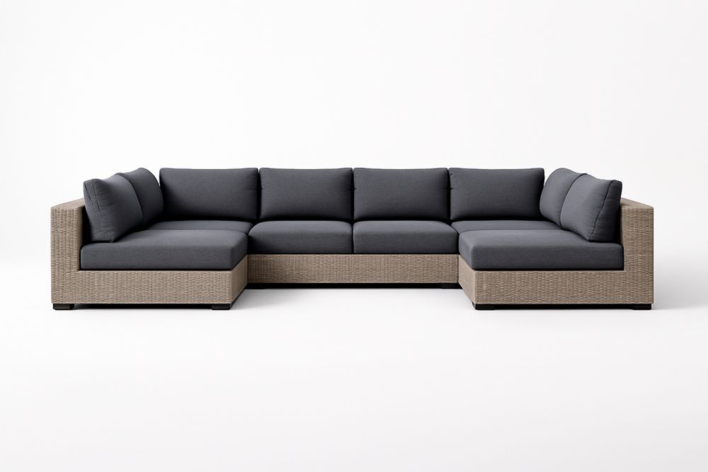 Canapé d'angle modulaire en résine tressée et tissu gris anthracite